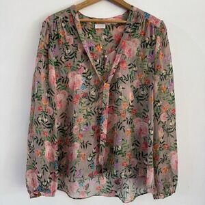 Ecru Women's Top Floral LS Sheer Tie Boho Blouse Size Large 100% Silk